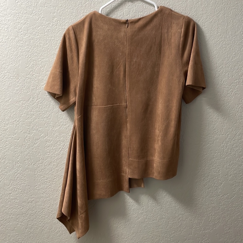 Gracia Faux Suede Asymmetrical Top Tan Draped Statement Blouse - Picture 4 of 6